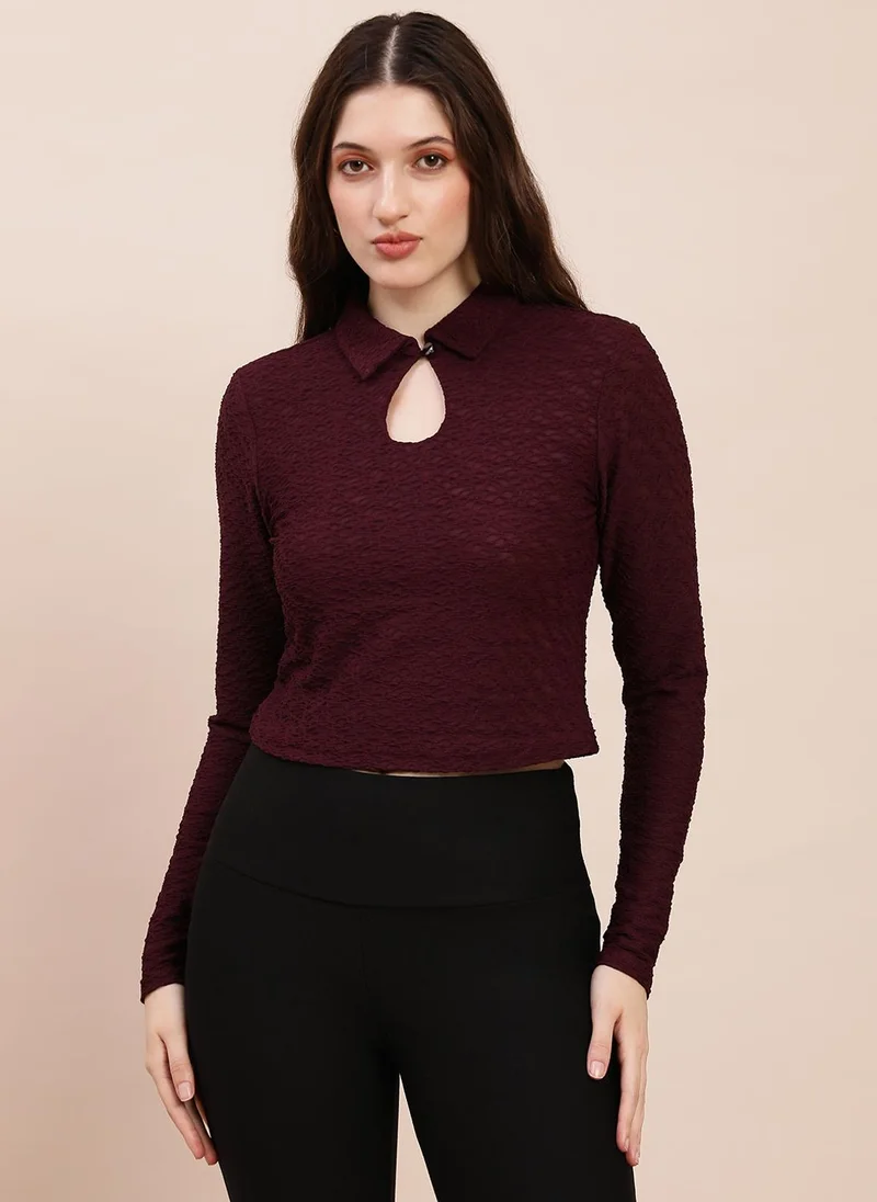 globus Globus Women Burgundy Collared Keyhole Neck Long Sleeves Self Design Top